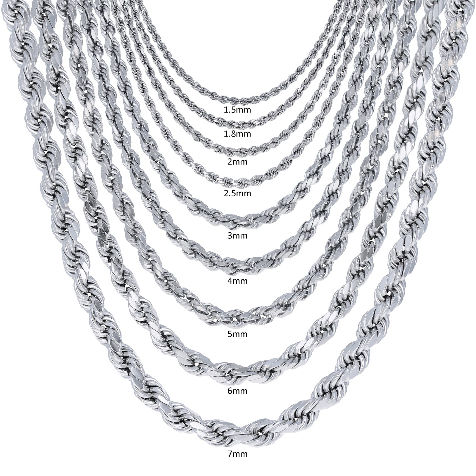 10K White Gold 1.5mm-7mm Diamond Cut Rope Chain Necklace Mens Womens 16″-30″