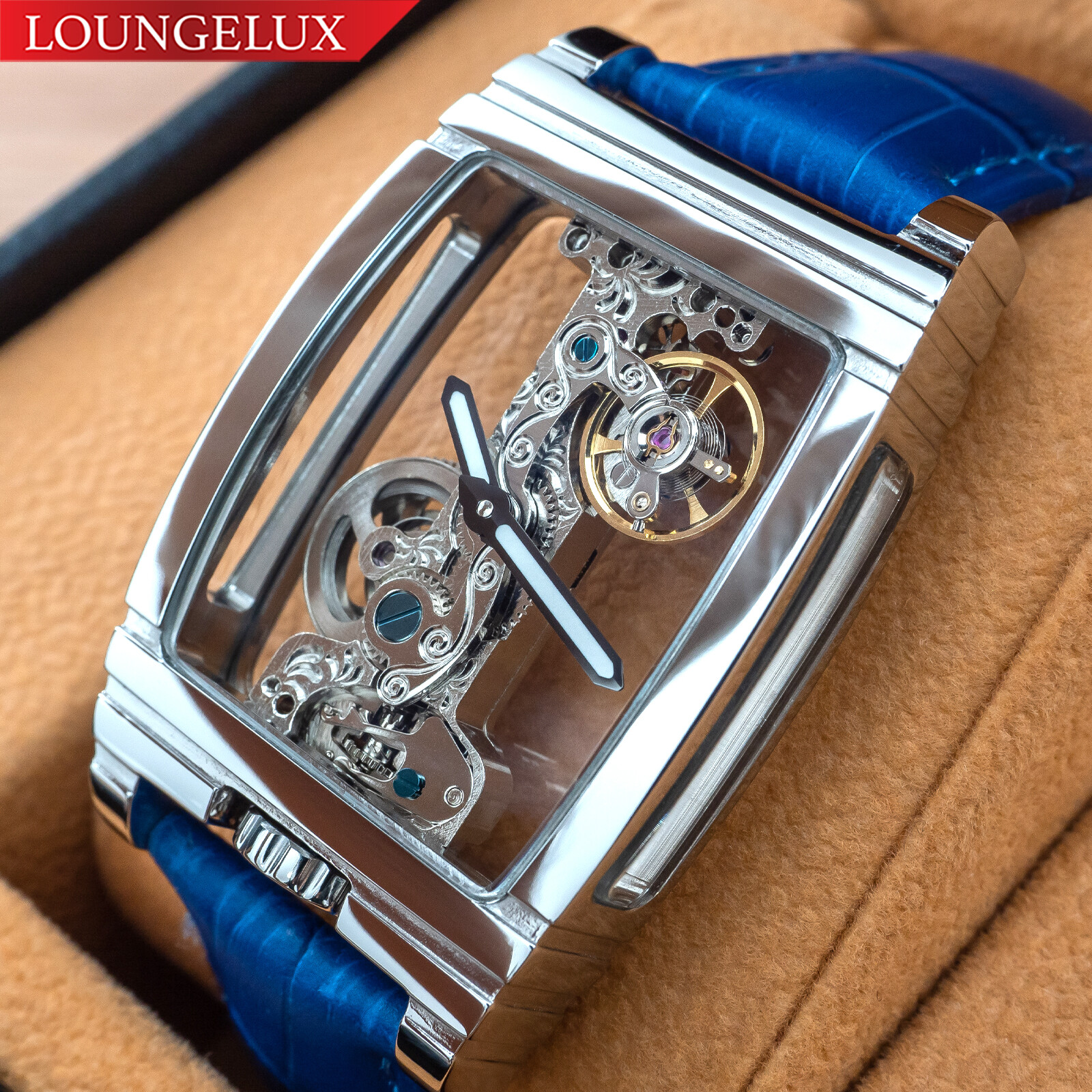 Mens Silver Bridge Manual Mechanical Watch – Blue Leather Strap Gift