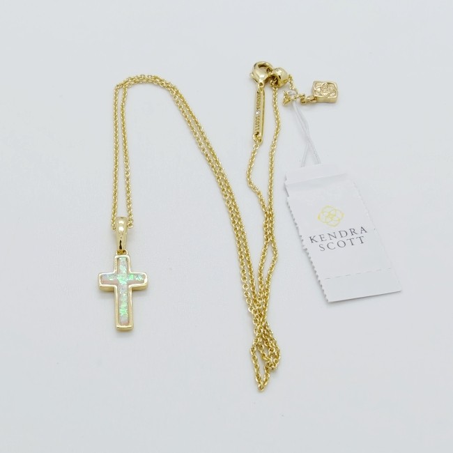 New Kendra Scott Cross Gold Pendant Necklace in White Opal