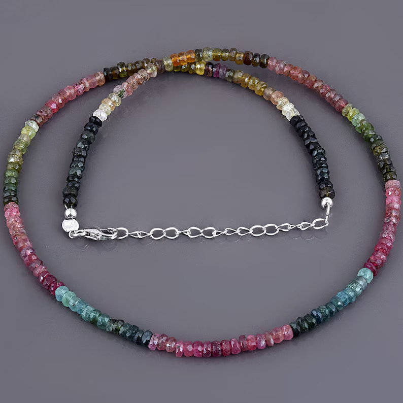 Natural Multicolor Tourmaline Necklace Faceted Rondelle Beads 925 Silver Chain