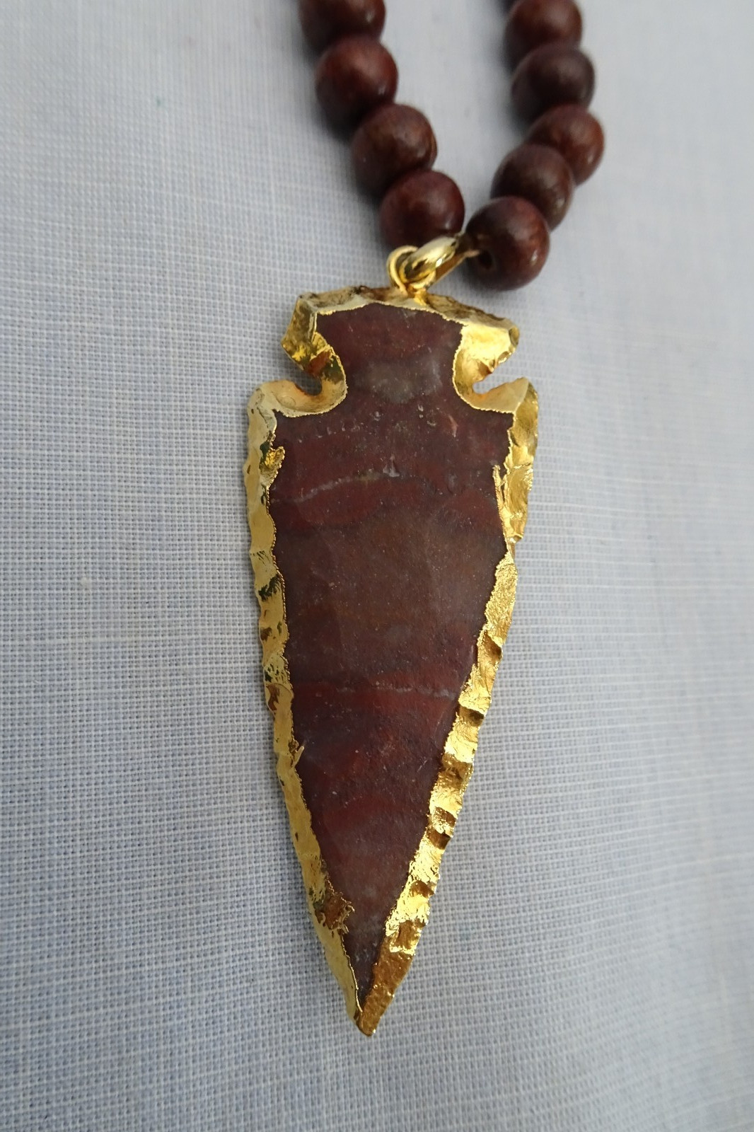 Vintage Brown Stone Gold Dip Arrowhead Pendant Necklace w 34″ Brown Beaded Chain
