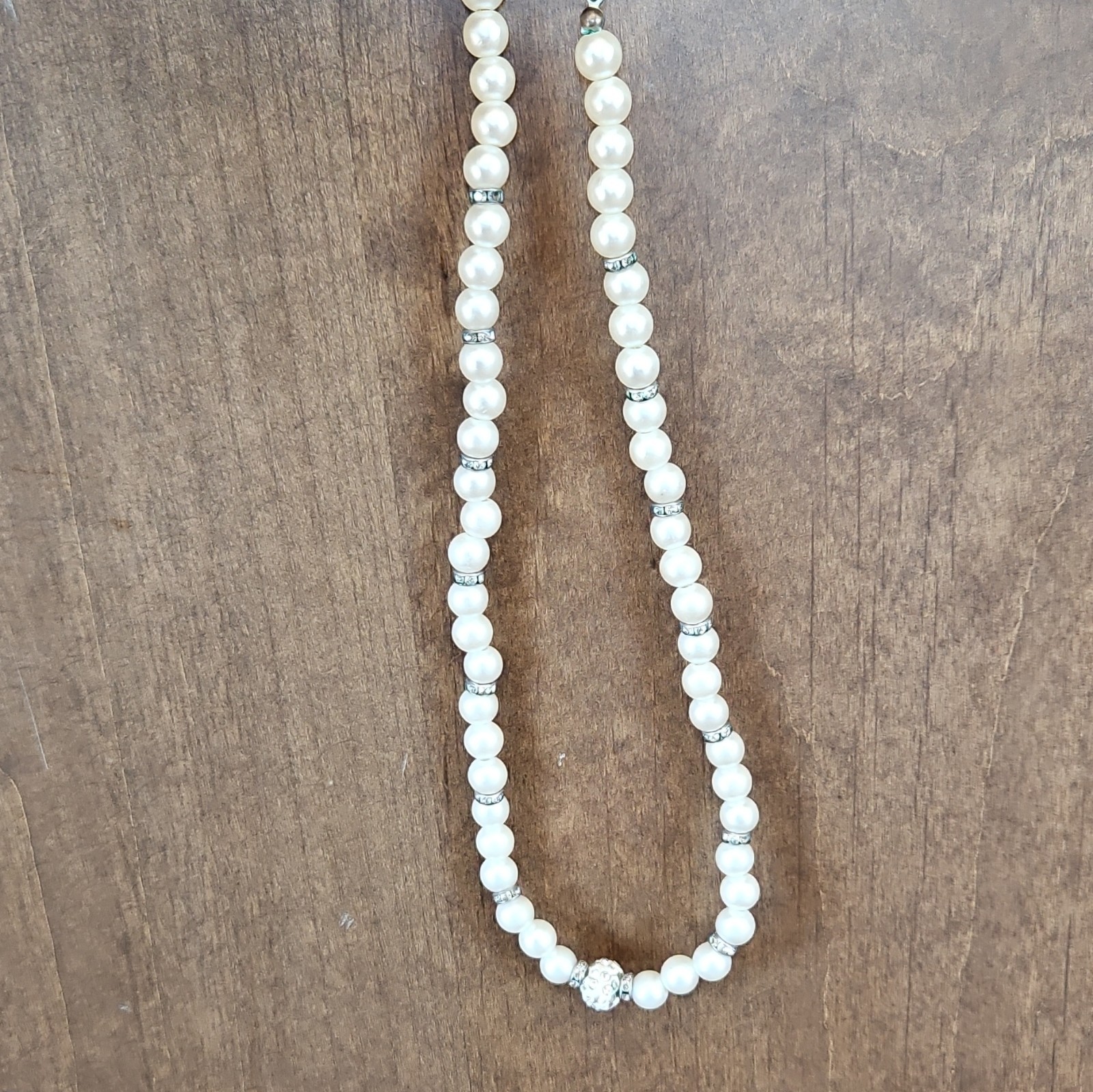 White Imitation Pearl Beaded Necklace w/ Crystal Rhinestone Ball, Lobster Clasp