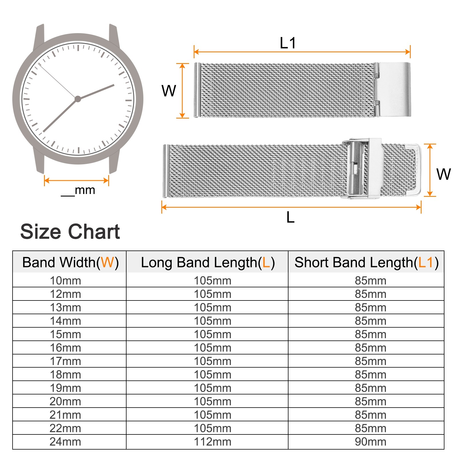 316L Stainless Steel Mesh Watch Band 22mm Quick Release Adjust Strap, Silver