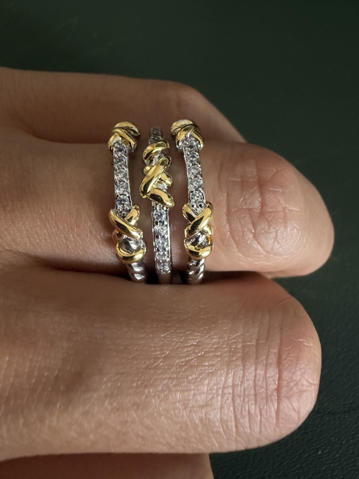 David Yurman Three Row Ring Sterling Silver & 18K Yellow Gold and Diamonds SZ 6