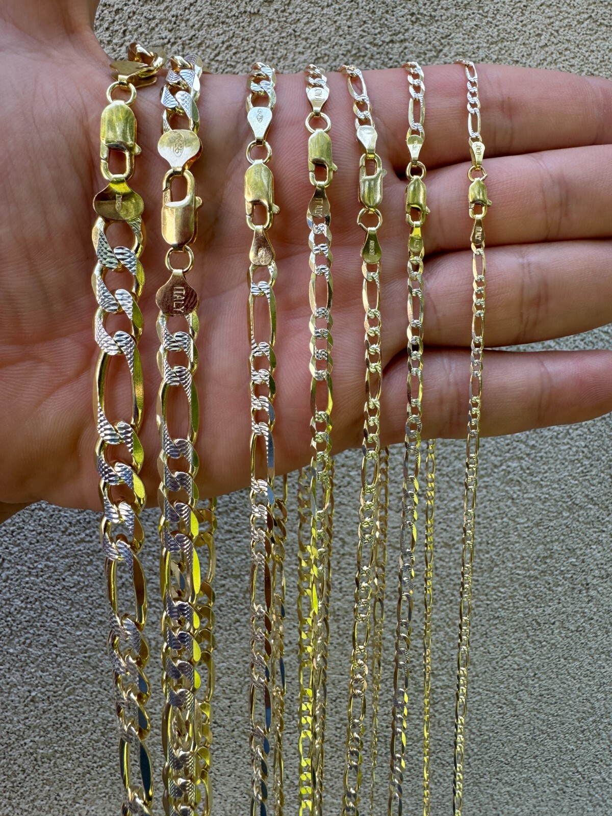 14k Gold Plated Solid 925 Sterling Silver Figaro Link Chain Two Tone Diamond Cut