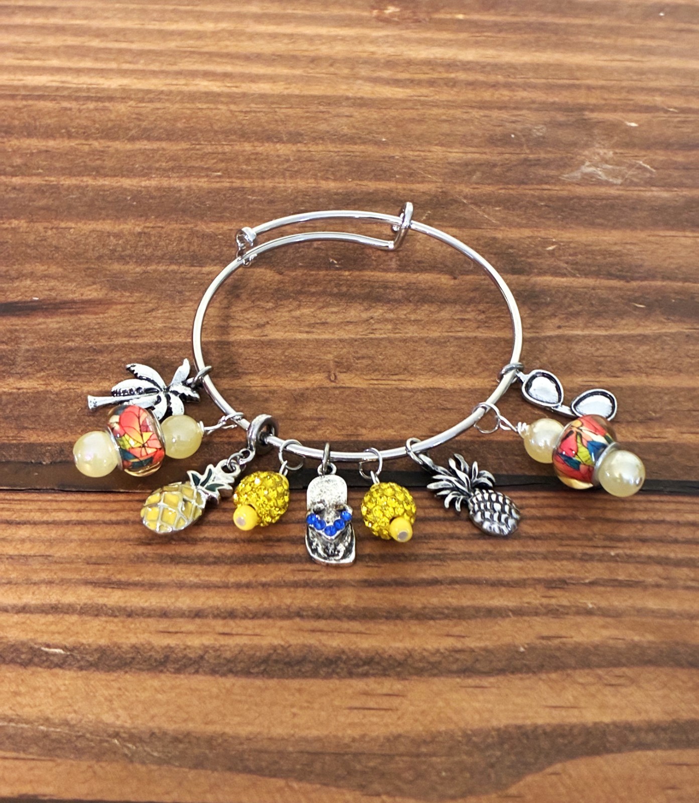 Beach Sandals Pineapple Adjustable Silvertone Charm Bracelet