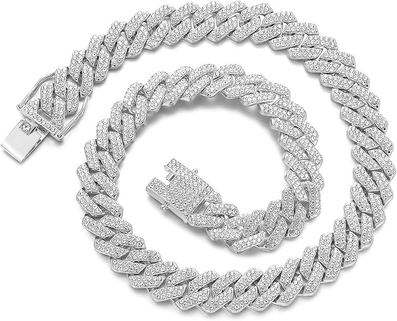 Cuban Link Chain Mens Iced Out Miami Cuban Necklace Silver Bling Diamond 20 Inch
