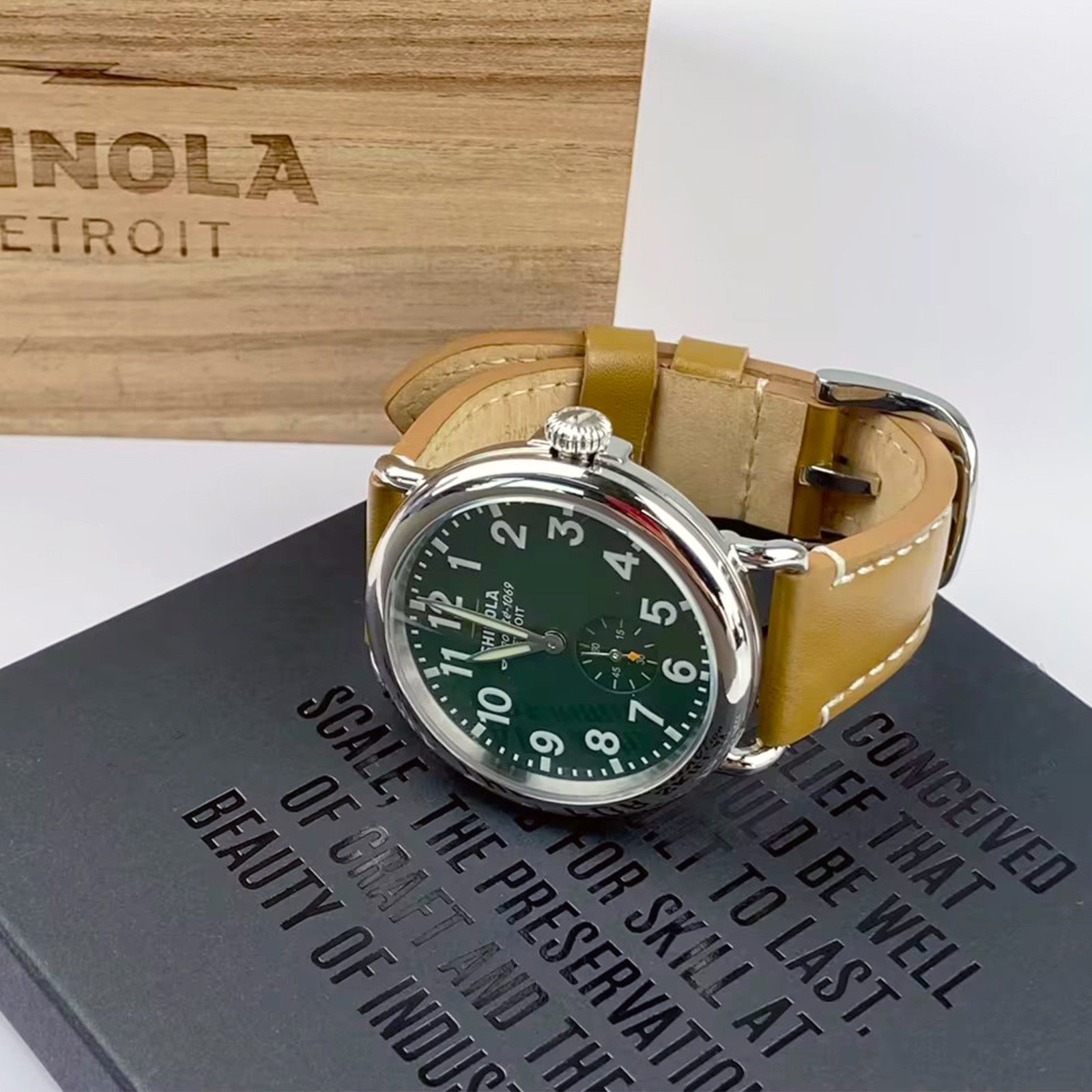 Shinola The Runwell Green Dial and Tan Leather Strap Men/Women Quartz Watch 41MM