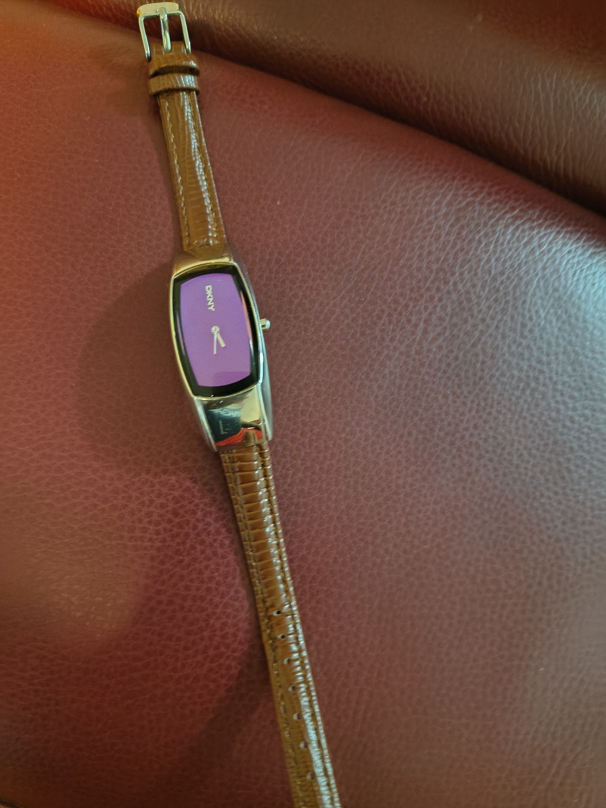 Vintage DKNY Women’s Watch Purple Dial Silver Tonneau Case Brown Leather NY-4019