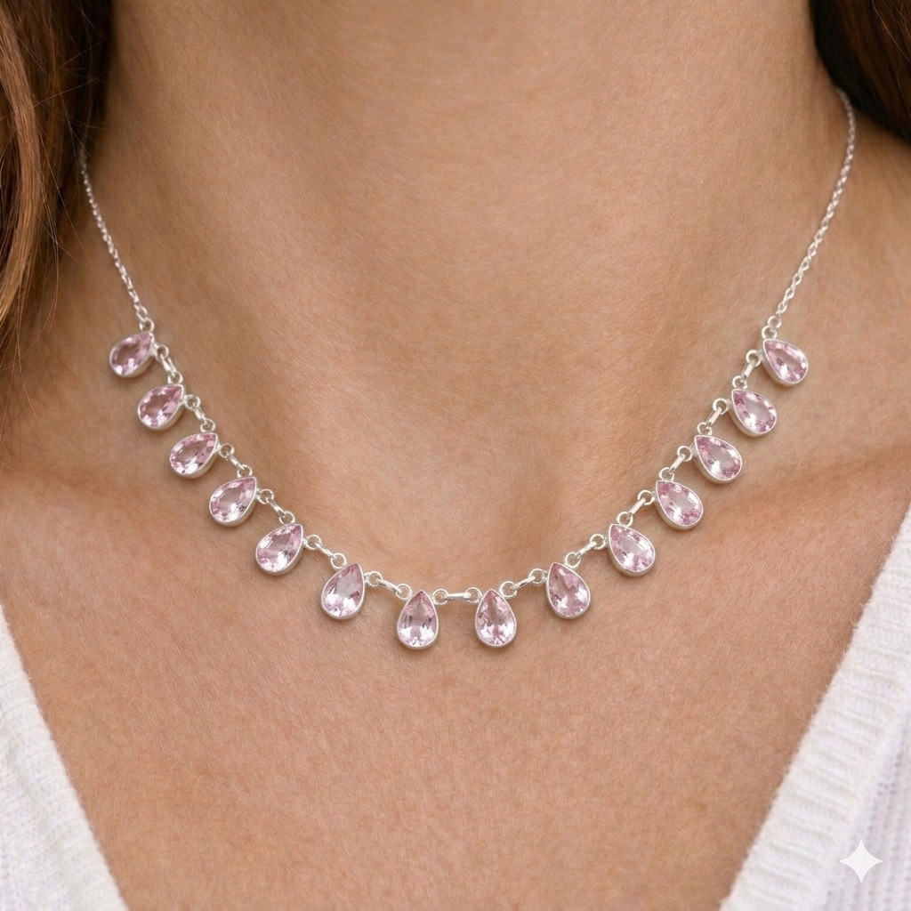 Pink Topaz Gemstone Handmade 925 Sterling Silver Jewelry Necklace Size-18