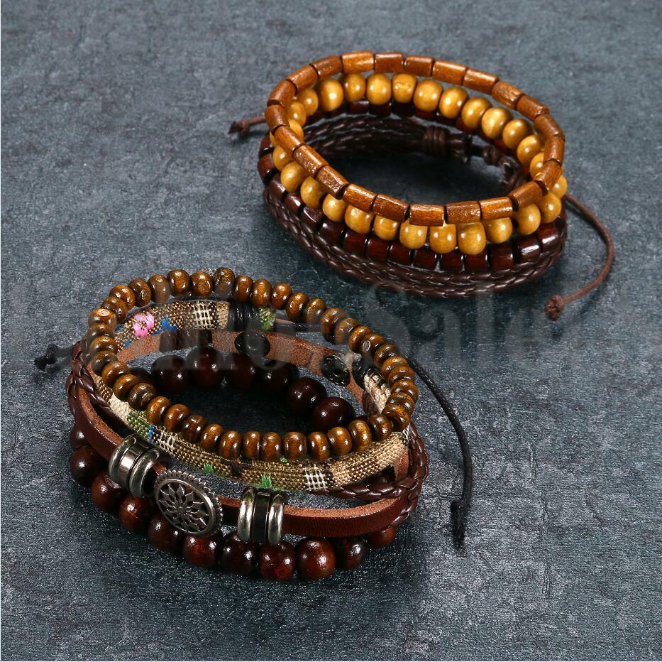 2 Sets Mens Womens Brown Leather Tribal Beaded Cuff Wristband Bangle Bracelet