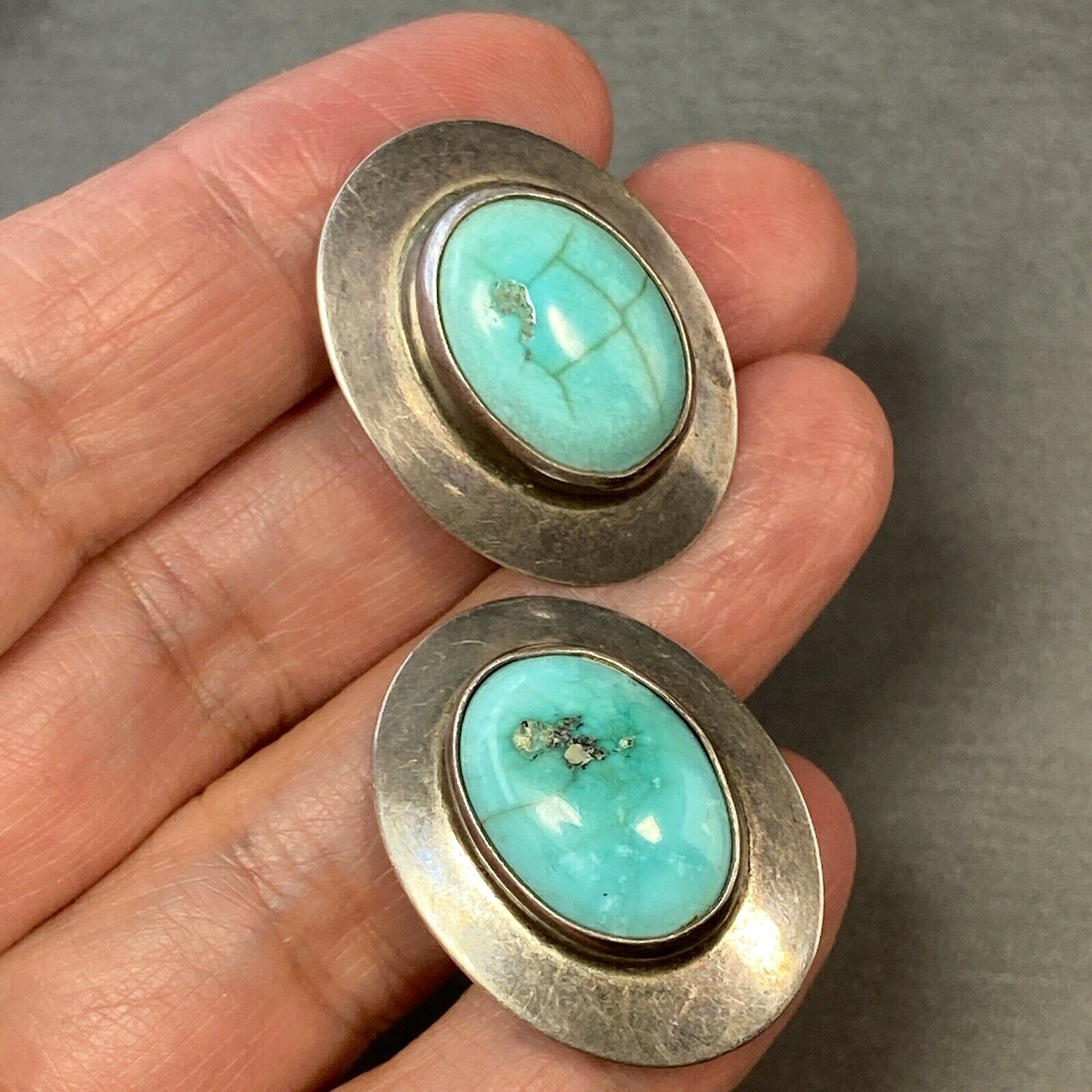 Vintage Modernist Clip-On Earrings Turquoire Sterling Estate Fine Jewelry PreOwn