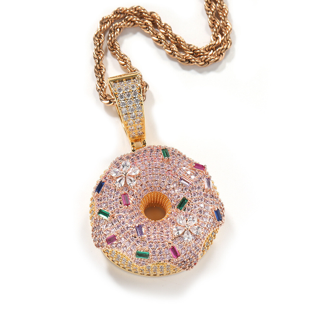 Hip Hop Colorful Donut Pendant Necklace 18k Real Gold Plated Full Zircon Jewelry