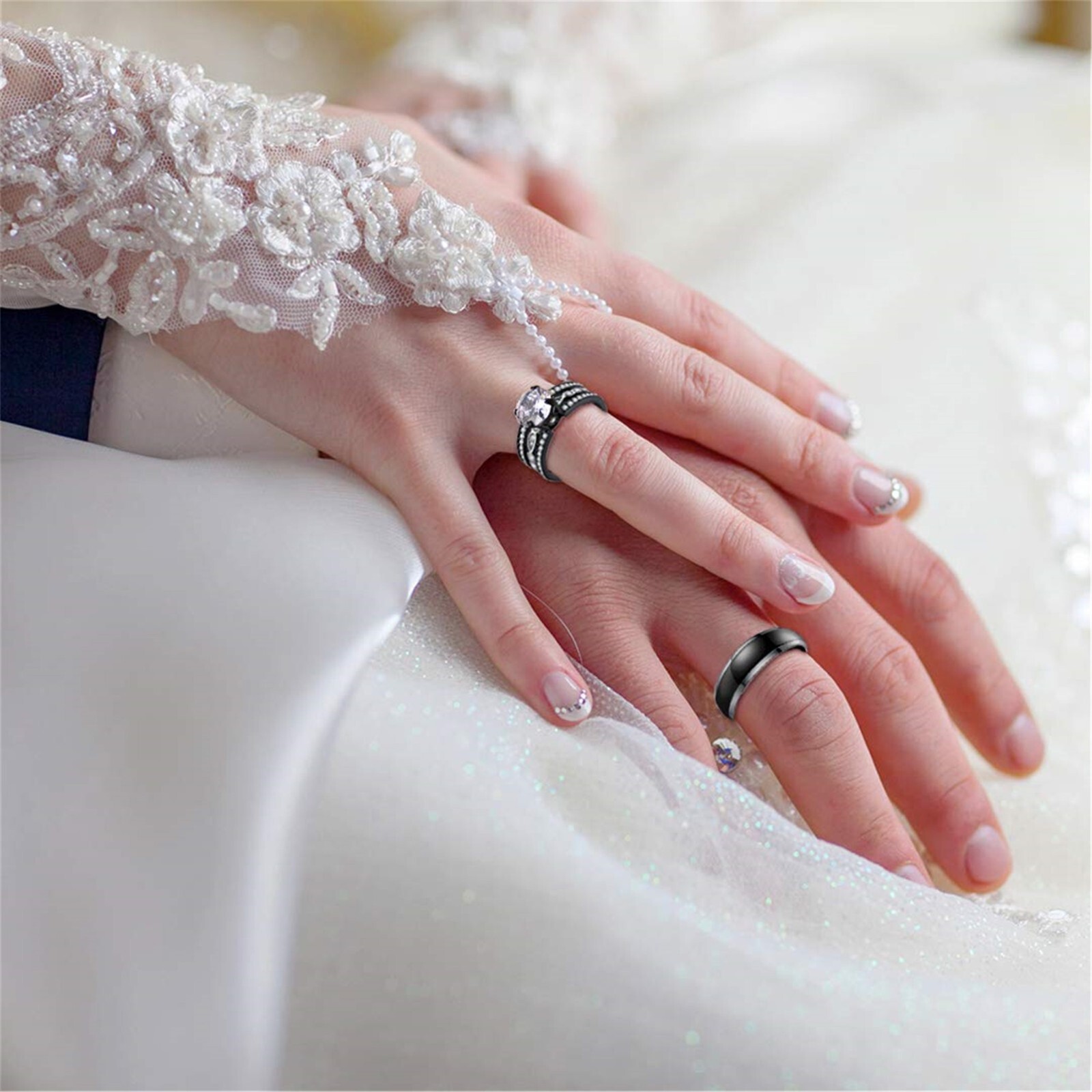 His Titanium Hers Black Stainless Steel Bridal Wedding Engagement Ring Band Set