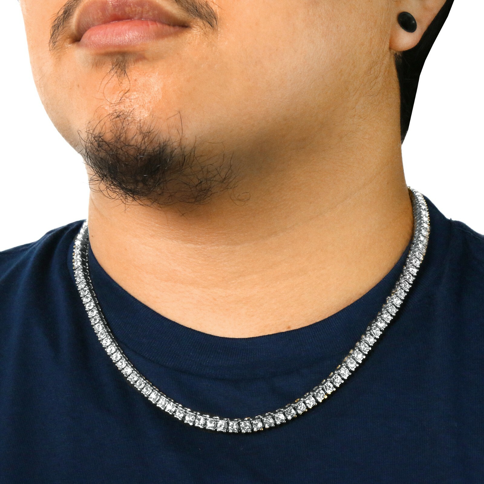 14k White Gold Plated Ice Cubic Zirconia 1 Row SILVER Chain Tennis Necklace
