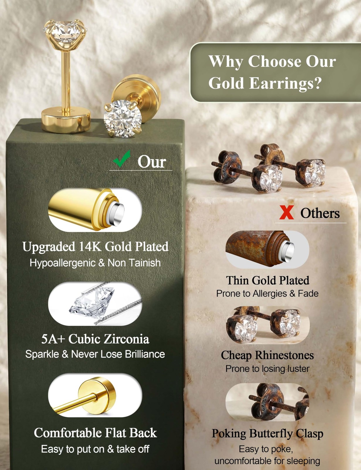 Jstyle 20G (0.8mm), 7mm (stud), 8mm, 10mm (hoop), 14K Gold Plated
