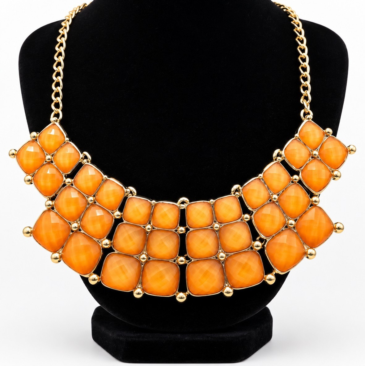 Vintage Gold Tone Orange Lucite Statement Bib Necklace Faceted Chunky Adjustable