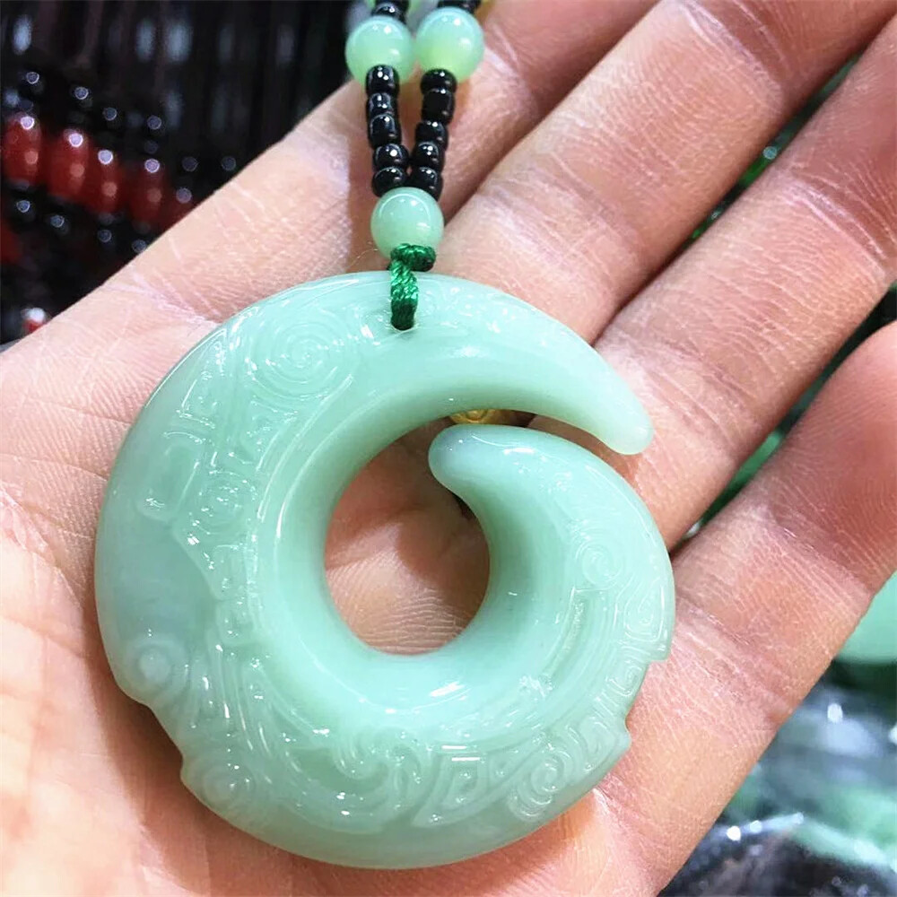 Green Jade Chinese Hand-Carved Dragon Jade Pendant Vintage Amulet Necklace