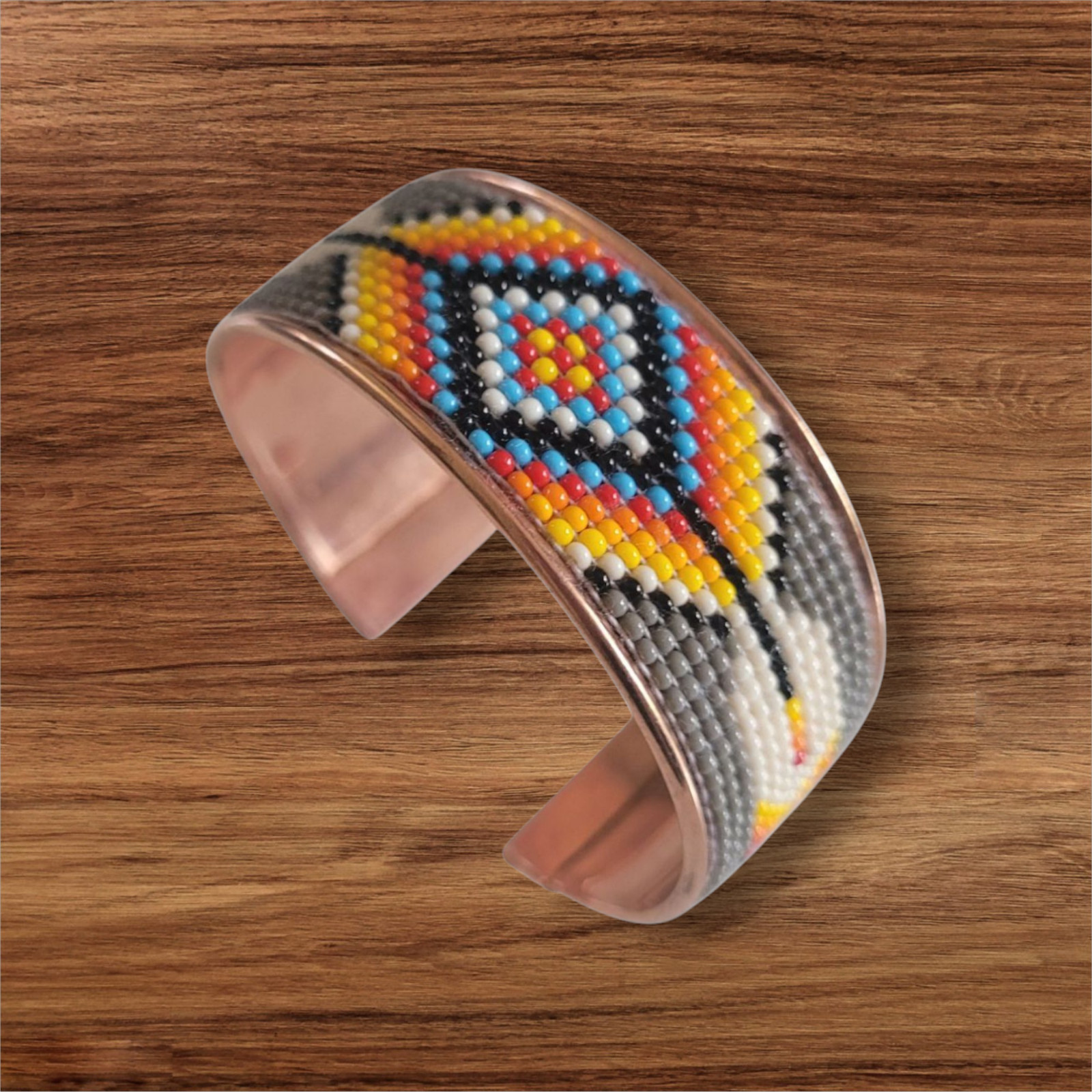 Native American Style Copper Seed Beaded Adjustable Bracelet Cuff Gray Feather