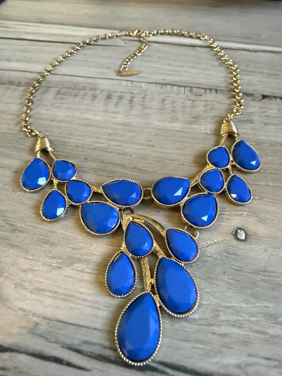 BaubleBar Gold Tone Blue Statement Bib Necklace Faceted Teardrop Adjustable