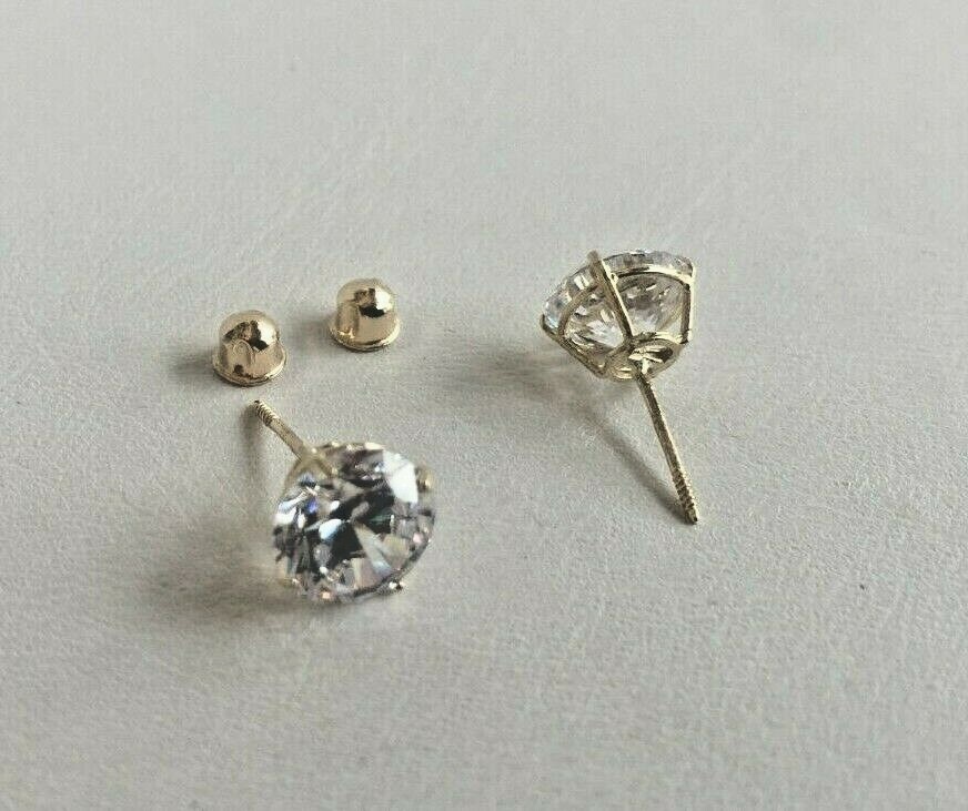 14K SOLID YELLOW GOLD STUD EARRINGS W/ 4 CARATS ROUND SIMULATED DIAMONDS