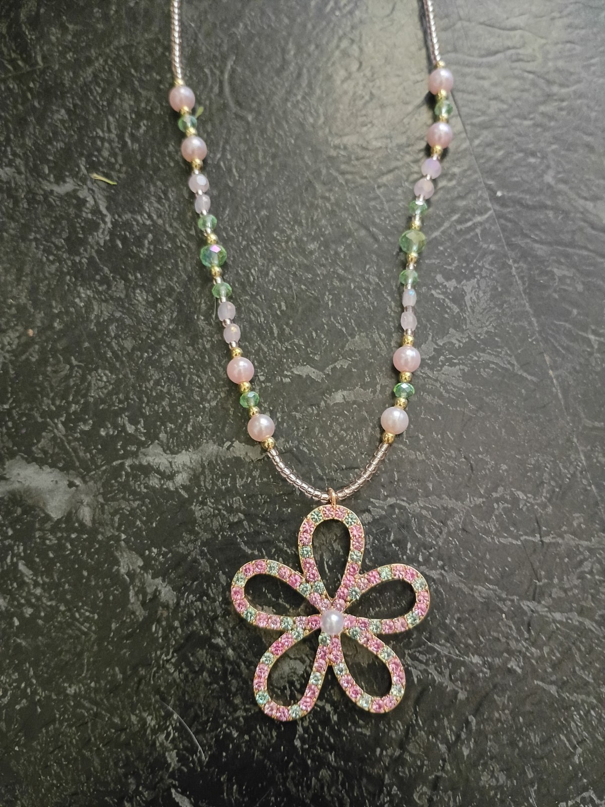 Beaded Ball Chain Necklace w/ Pink Green Rhinestone Pavé Flower Charm Pendant
