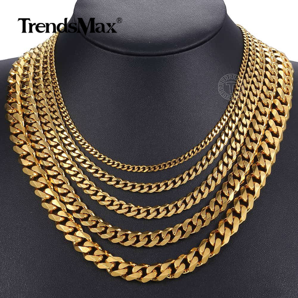 3/5/7/9/11mm Gold Plated Stainless Steel Curb Cuban Chain Necklace/Bracelet Men