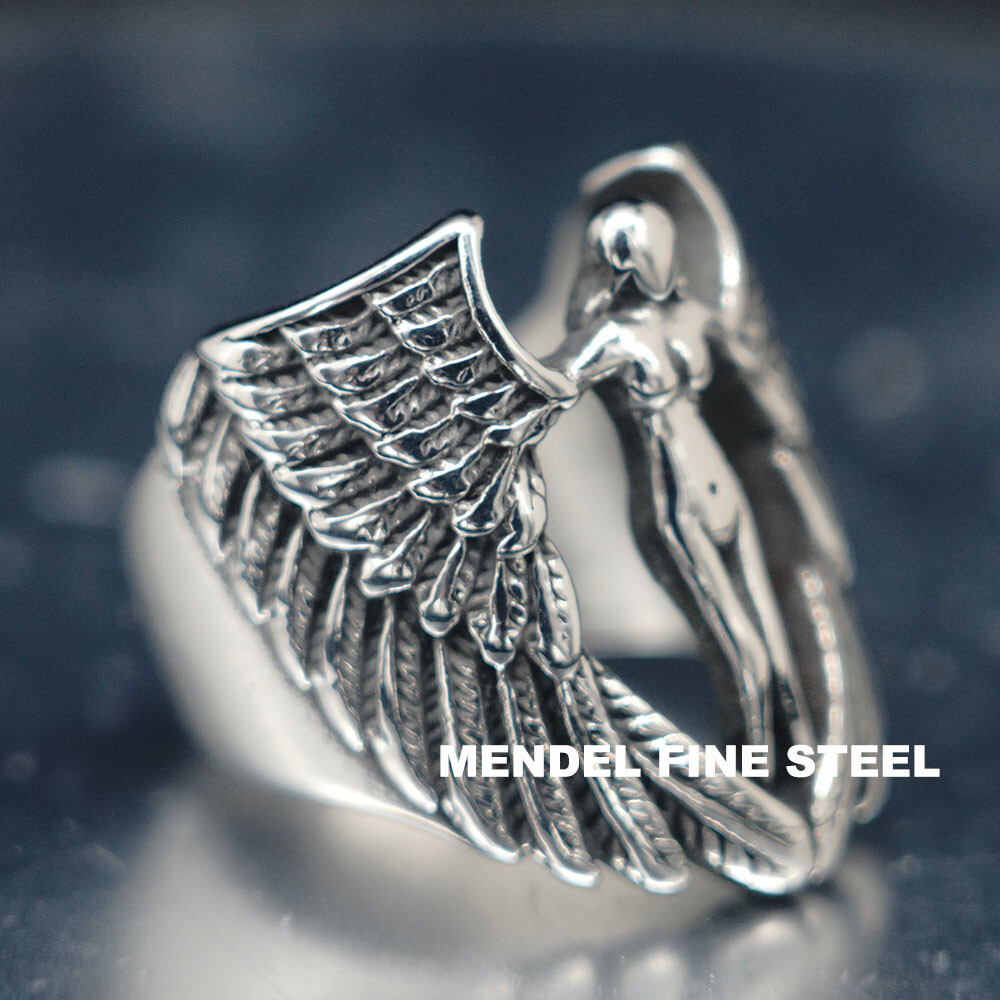 MENDEL Mens Feather MC Biker Angel Wing Ring Stainless Steel Silver Size 7-15