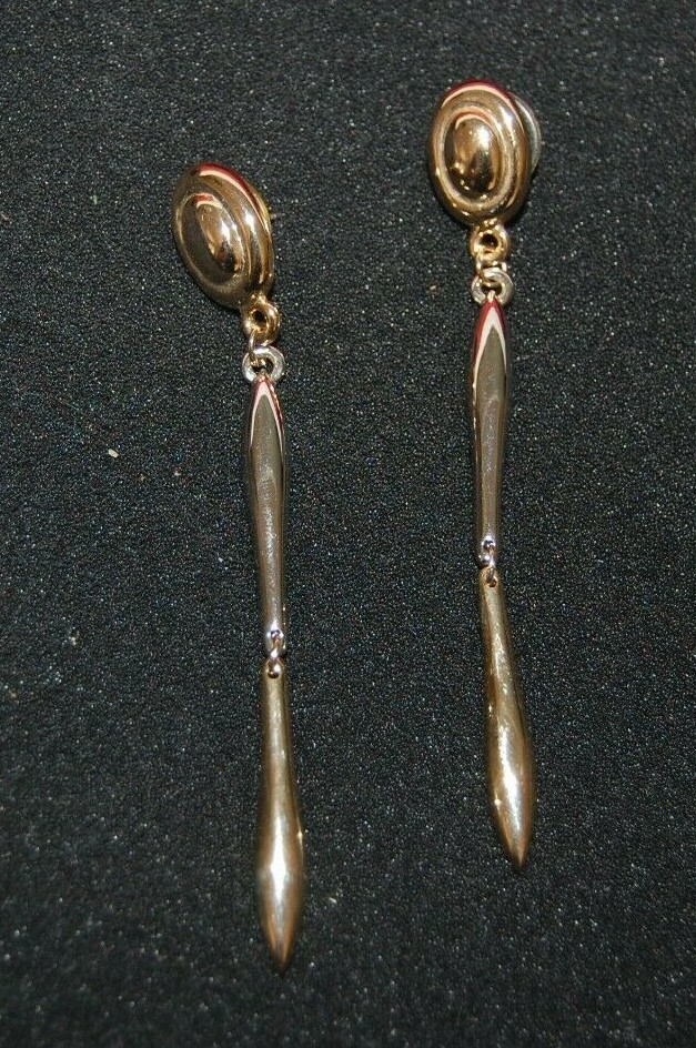 Elegant Vtg 80 Couture Silver & Gold Toned Metal Modern Style Drop Post Earrings