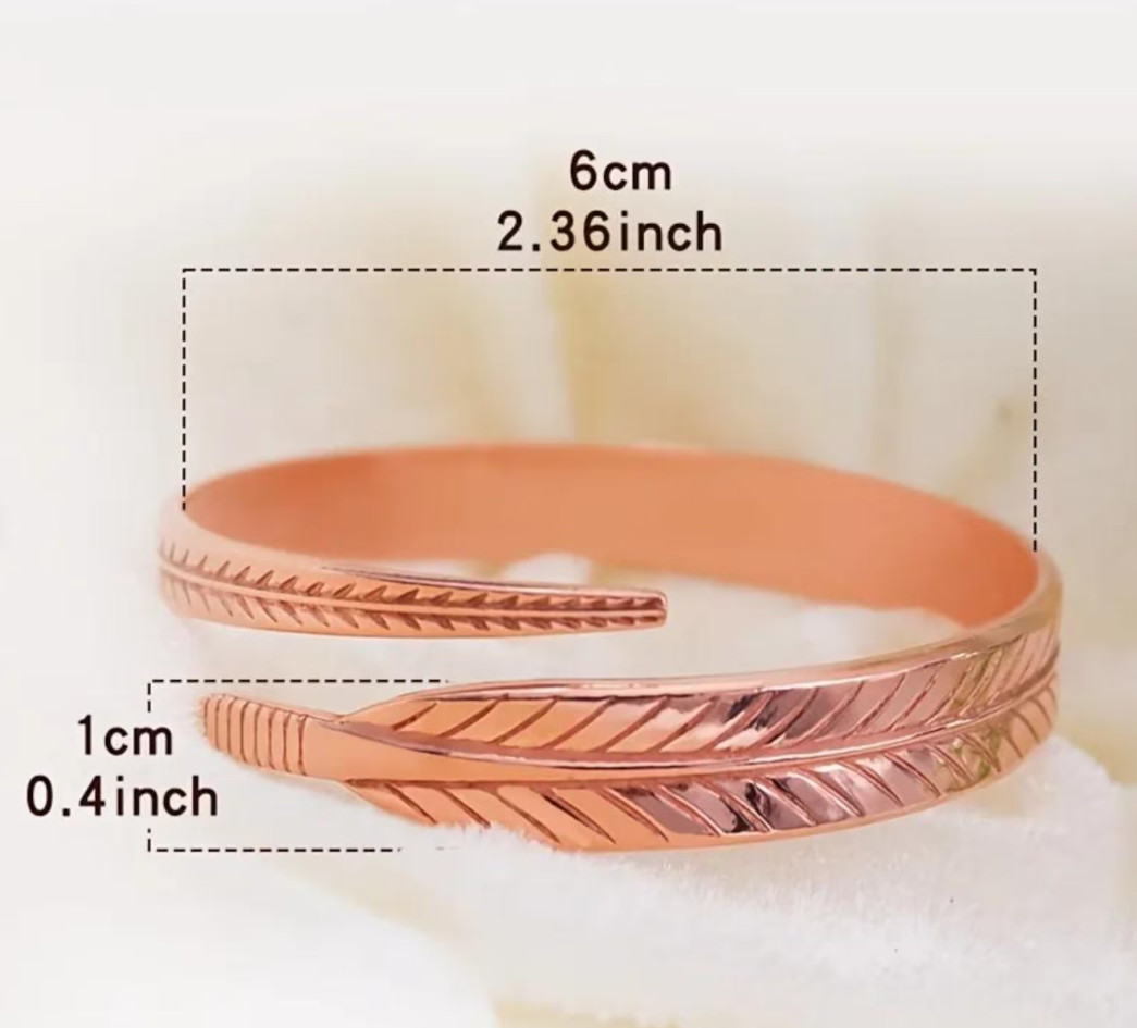 Pure Copper Feather Cuff Bracelet Adjustable Boho Open Bangle Nature Inspired