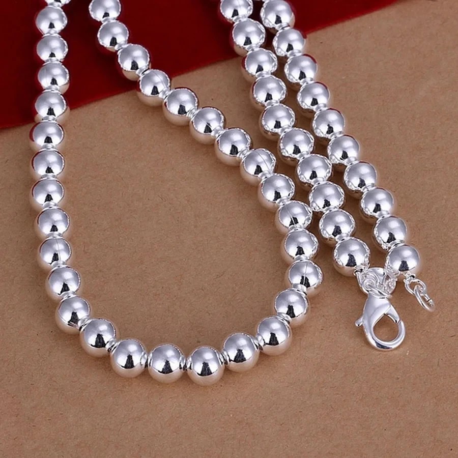 925 Silver Plated Bead Chain Necklace 50cm Women Round Ball Choker Gift Jewelry