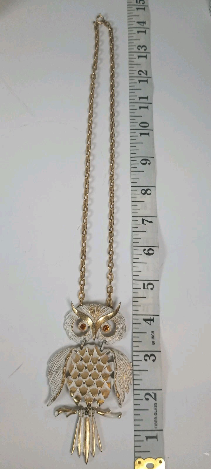 Vintage Articulated Gold Tone Owl Pendant Necklace White Enamel Orange Eyes