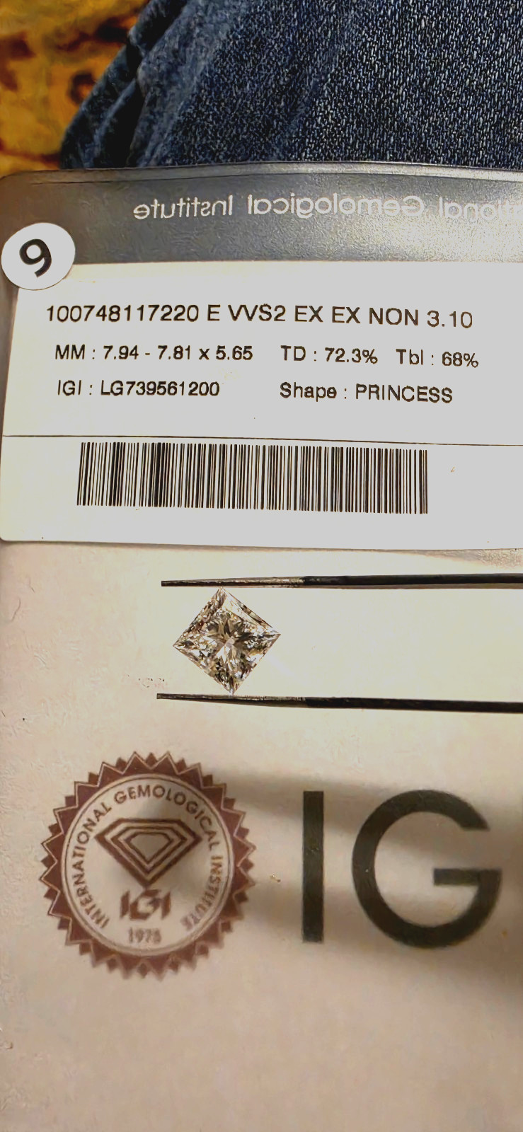 IGI Certified 3.10 CT Princess Cut Lab Grown Loose Diamond E Color VVS2 Clarity