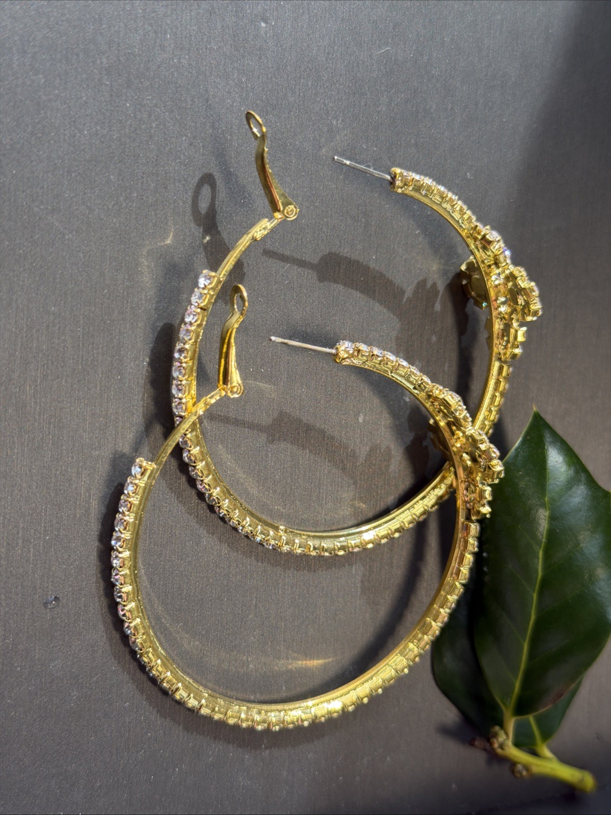 Gold Tone Rhinestone Hoop Earrings Large Statement Floral Cluster 2.5” Glam
