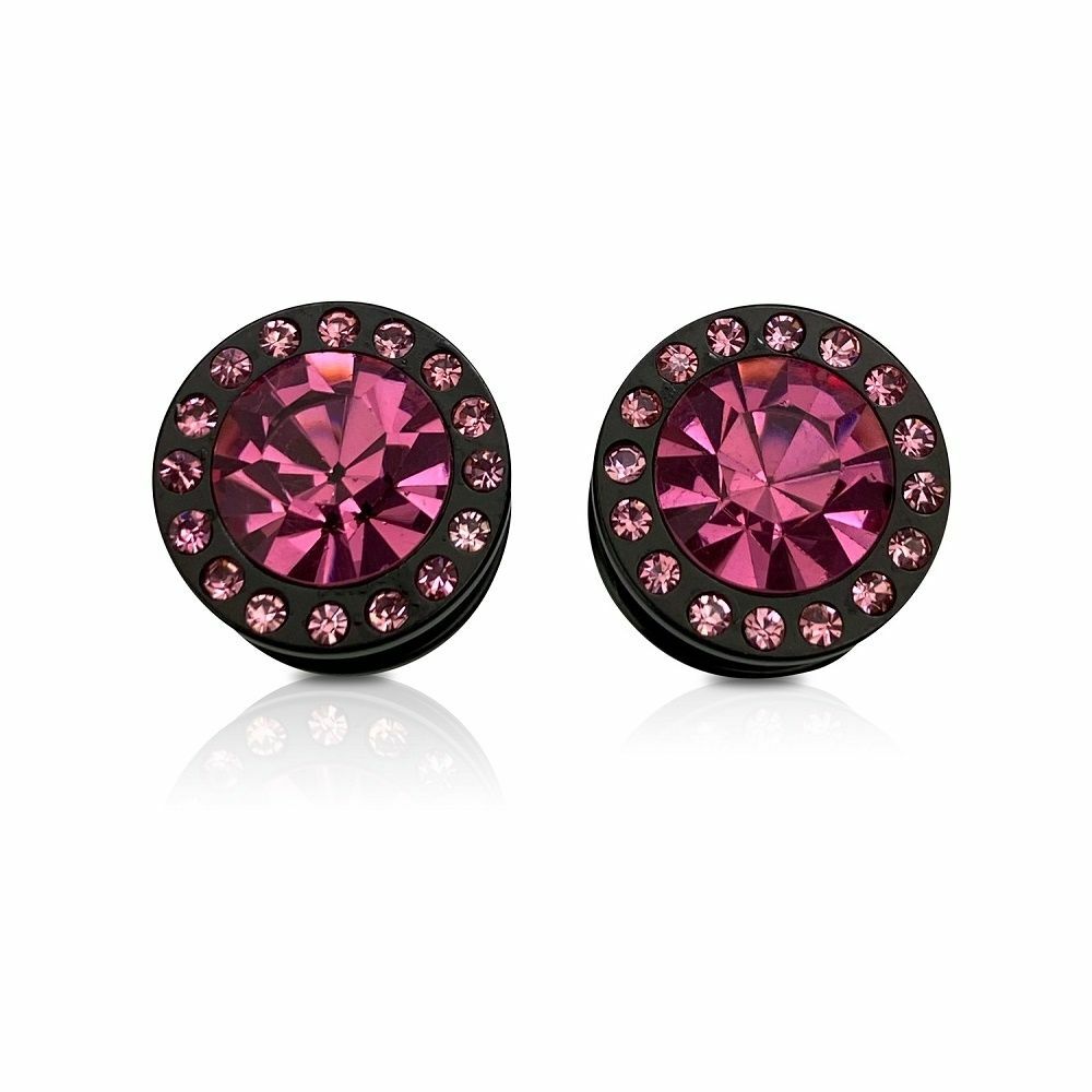 CZ Centered Black Surgical Steel Screw Fit Plugs- Sold as a Pair