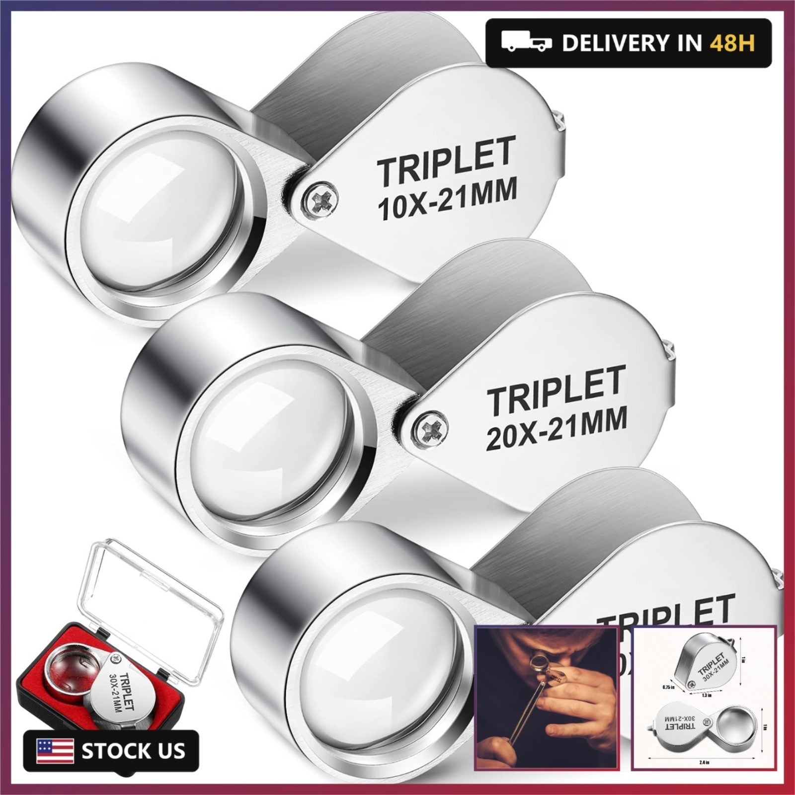 Frienda 3 Pieces Jewelers Eye Loupe Set 10X, 20X and 30X Pocket Jewelry Loupe, J