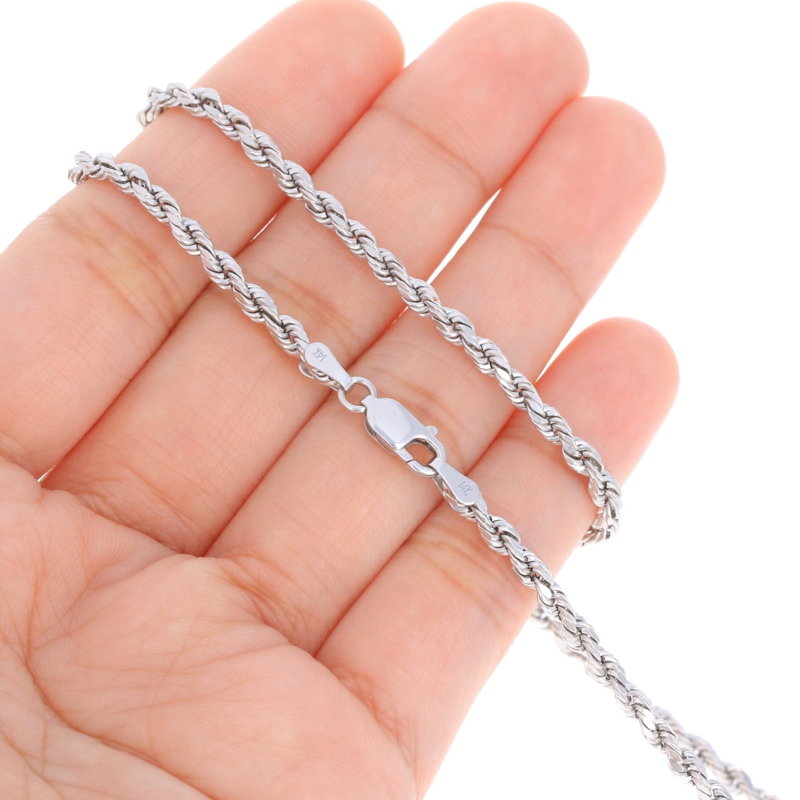 14K White Gold 1.5mm-5mm Diamond Cut Rope Chain Necklace Mens Womens 14″-30″
