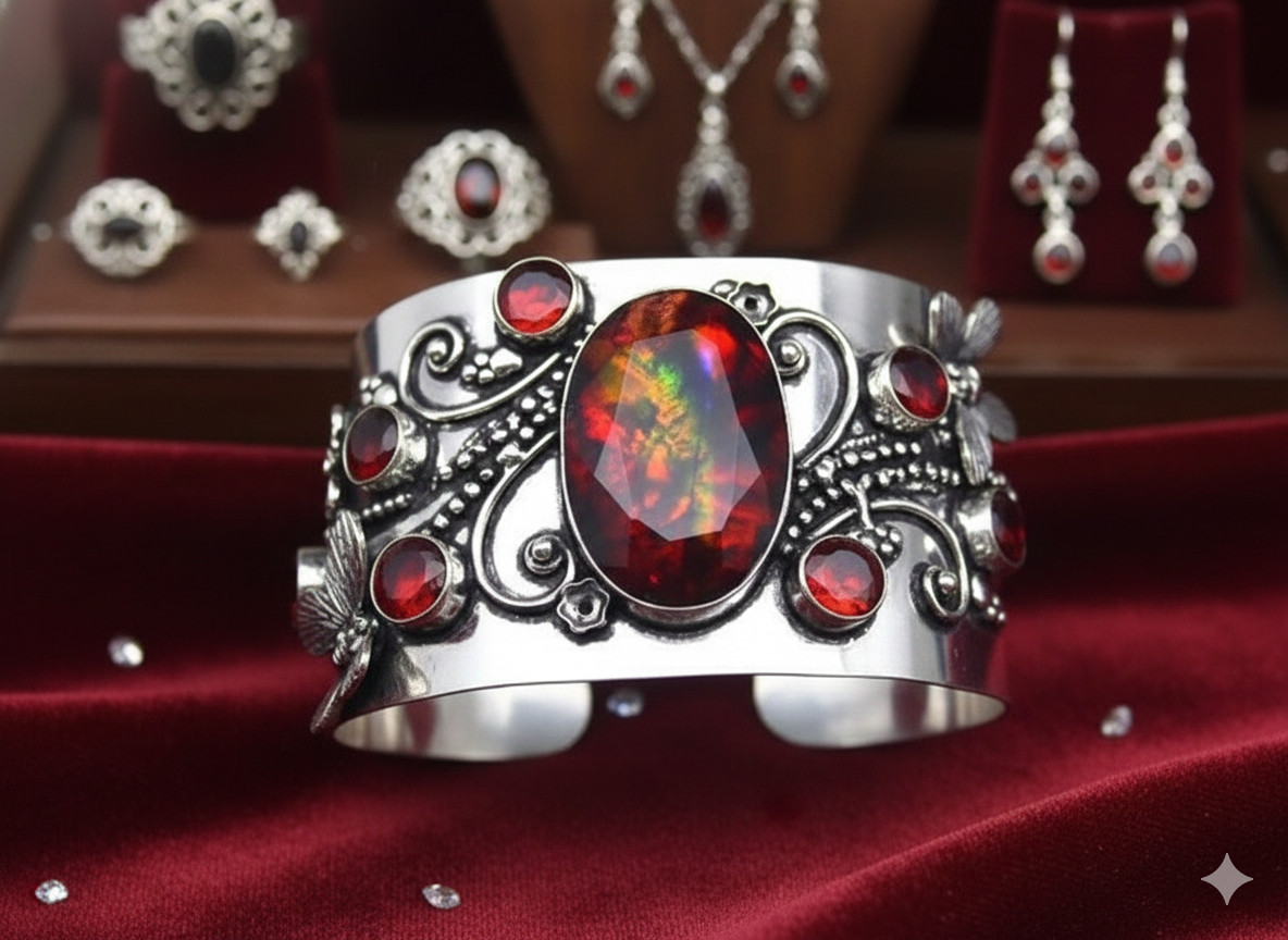 925 Sterling Silver Ammolite, Garnet Gemstone Handmade Jewelry Cuff Bracelet ADJ