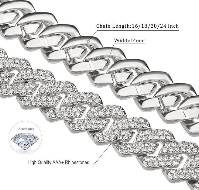 Cuban Link Chain Mens Iced Out Miami Cuban Necklace Silver Bling Diamond 20 Inch