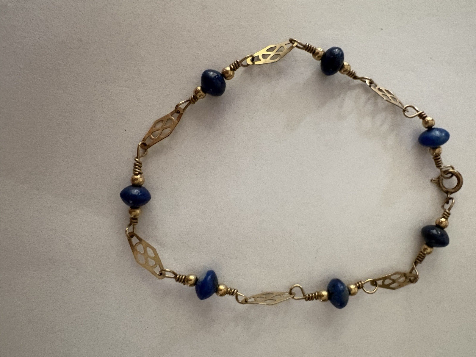 14K Gold Filled Wire Link Blue Lapis Lazul Bracelet Marked 1/20 14k 6 3/4”
