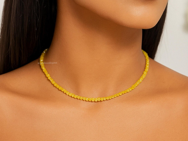 Dainty Citrine Beaded Necklace Yellow Crystal Choker November Birthstone Gift
