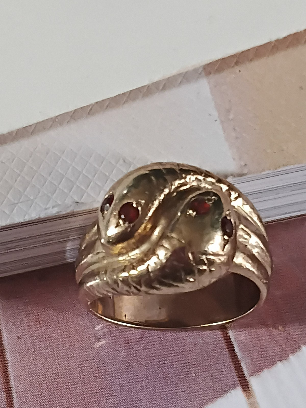 9 Carat Yellow Gold Double Snake Ring Garnet Eyes, Size J/k