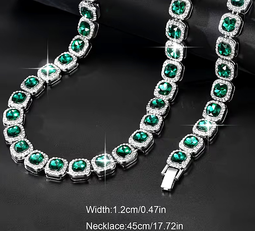 Stylish Cuban Chain Necklace And Bracelet Set with Sparkling Green Rhinestones