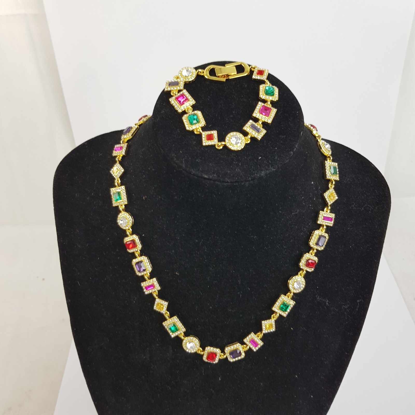 NEW Gold Toned Multi Coloured Gem Halo Set Necklace & Bracelet Set Unboxed