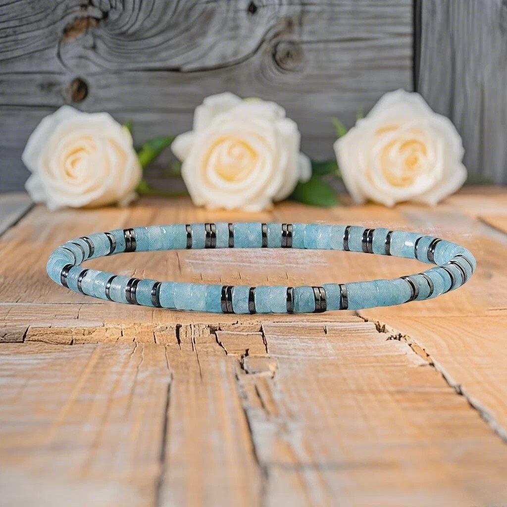 Genuine Aquamarine Hematite Protection Bracelet Healing Wealth Women Men Jewelry
