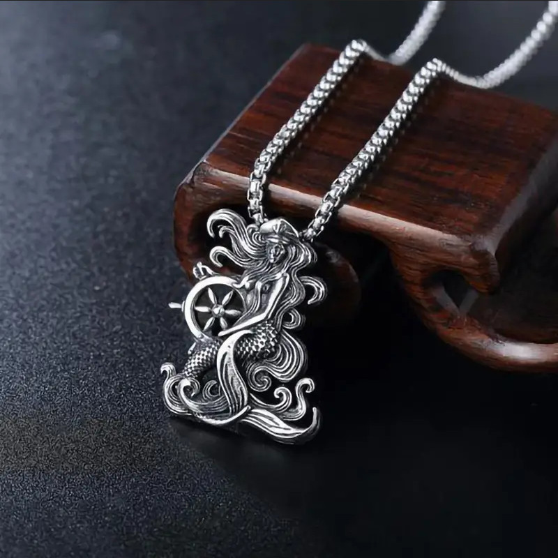 Pirate Mermaid Jewelry Vintage Silver Sexy Goddess Standing Pendant Necklace