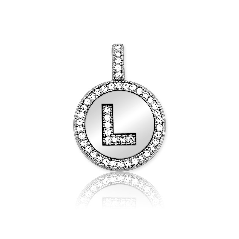 Sterling Silver Sparkling Micro Pave Circle “L” Pendant W/Chain Rhodium Plated