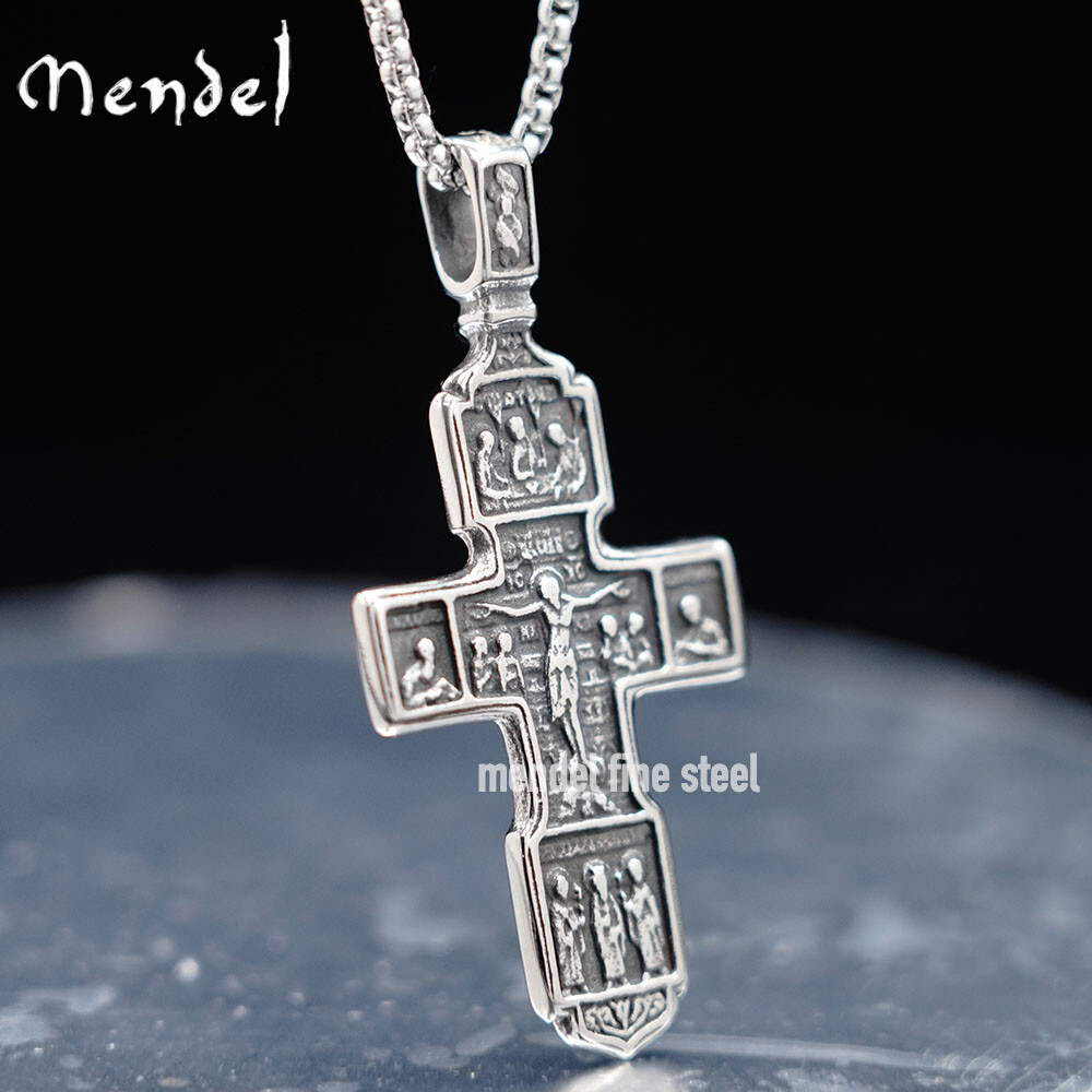 MENDEL Mens Greek Orthodox Jesus Crucifix Cross Pendant Necklace Stainless Steel
