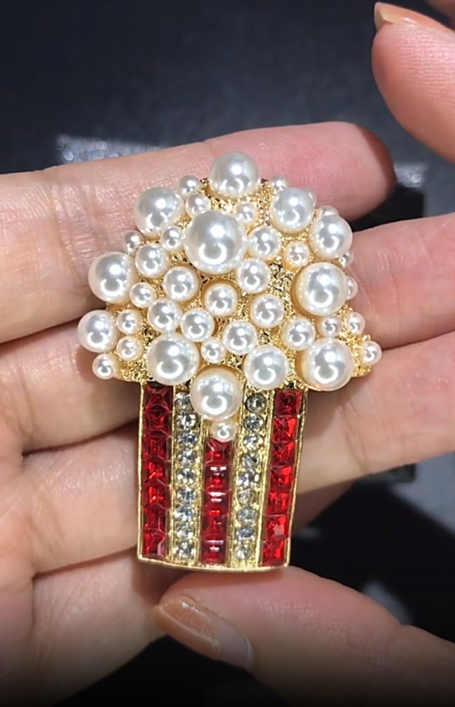 Pearl Popcorn Brooch Fashion Rhinestone Party Pin Unisex Women Kids Jewelry Gift
