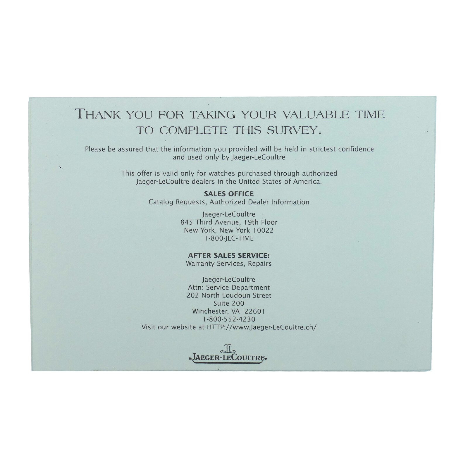 JAEGER-LECOULTRE ONE TO TWO YEARS WARRANTY EXTENSION CARD